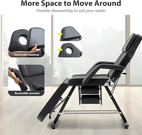 Miniatura 5 de Silla de tatuaje para salón de masaje con dos bandejas, cama de esteticista con taburete hidráulico, mesa de cama facial multiusos de 3 secciones,