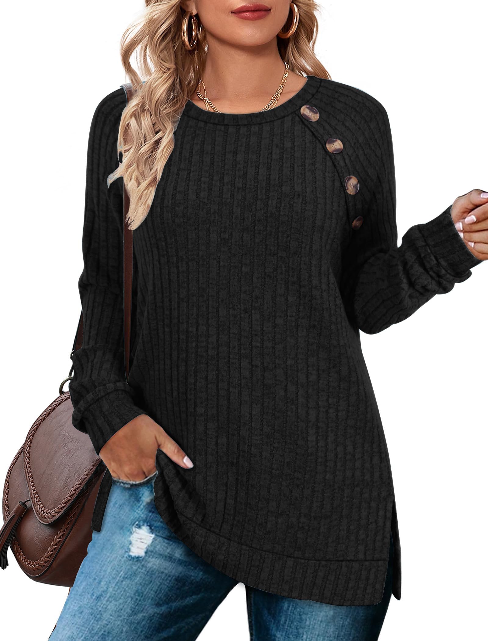 TrendiMax Damen Langarmshirt Leichte Strickpullover mit Knopfdetail Rundhals Casual Oberteile Elegant Sweatshirt Herbst Langarm Tops