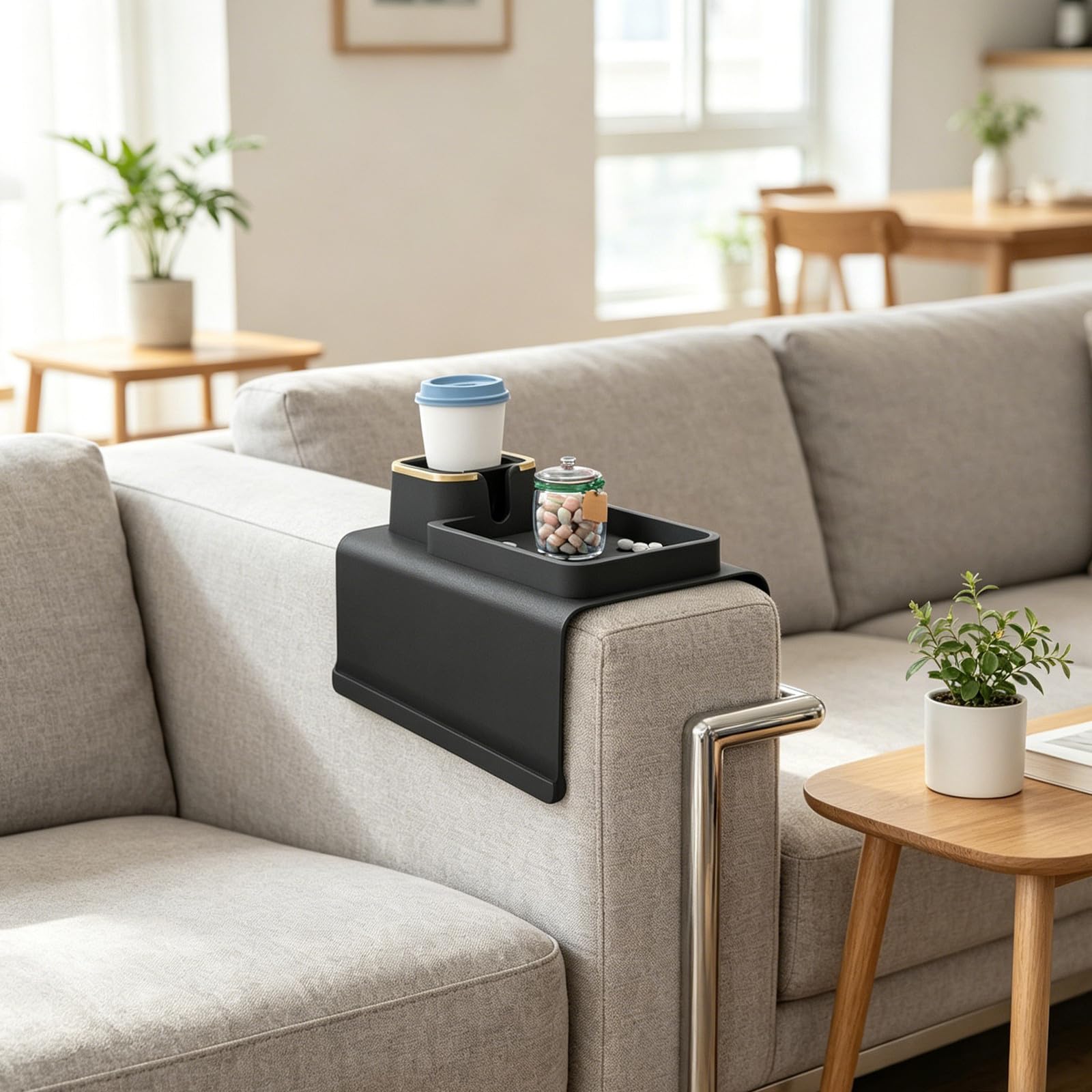 POPETPOP Bandeja para Reposabrazos de Sofá de Silicona Negra Antideslizante y Fácil de Limpiar, Adecuado para Snacks y Tazas en Sillones Reclinables