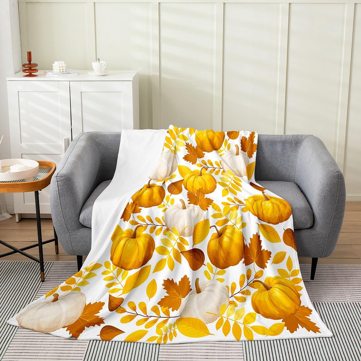 jejeloiu Fall Pumpkin Flannel Fleece Throw Blanket Rustic Baby 30"x40" Farmhouse Autumn Maple Leaves Fleece Throw Blanket Vintage Country for Bed Couch Chair Living Room White Yellow Bedroom Decor