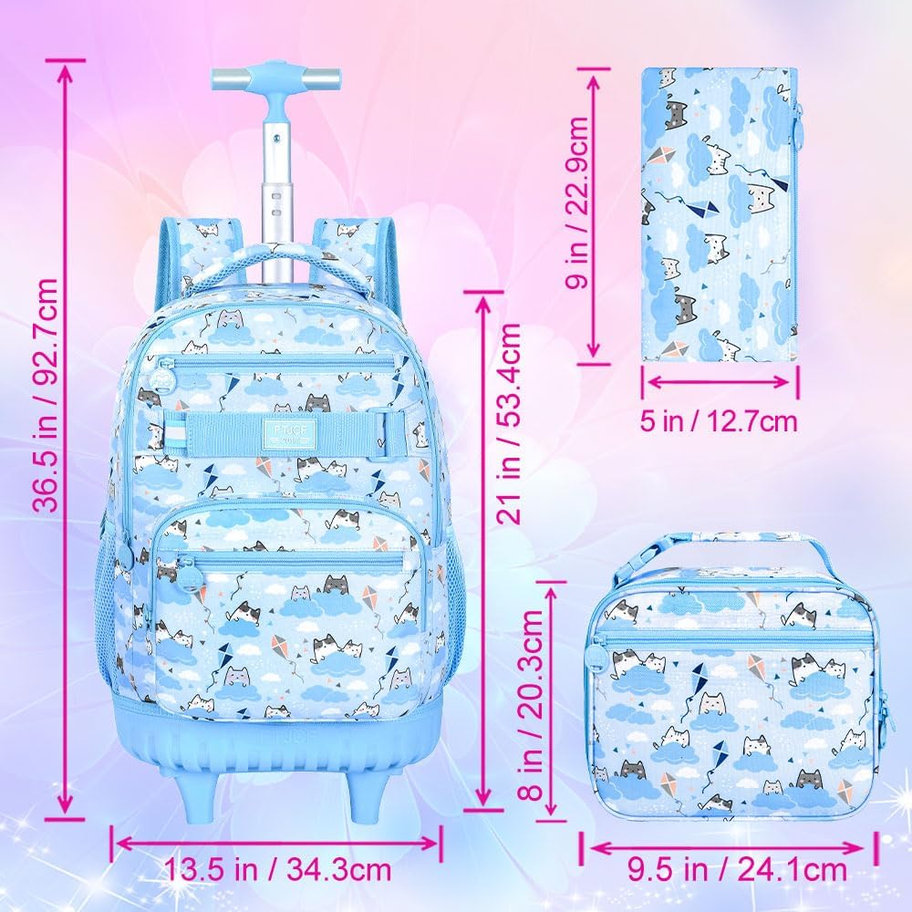 UFNDC 3PCS Rolling Backpack for Girls, Women Blue Cloudy Cat Backpacks with Wheels，Water-Resistant Travel Roller Wheeled Bookbag
