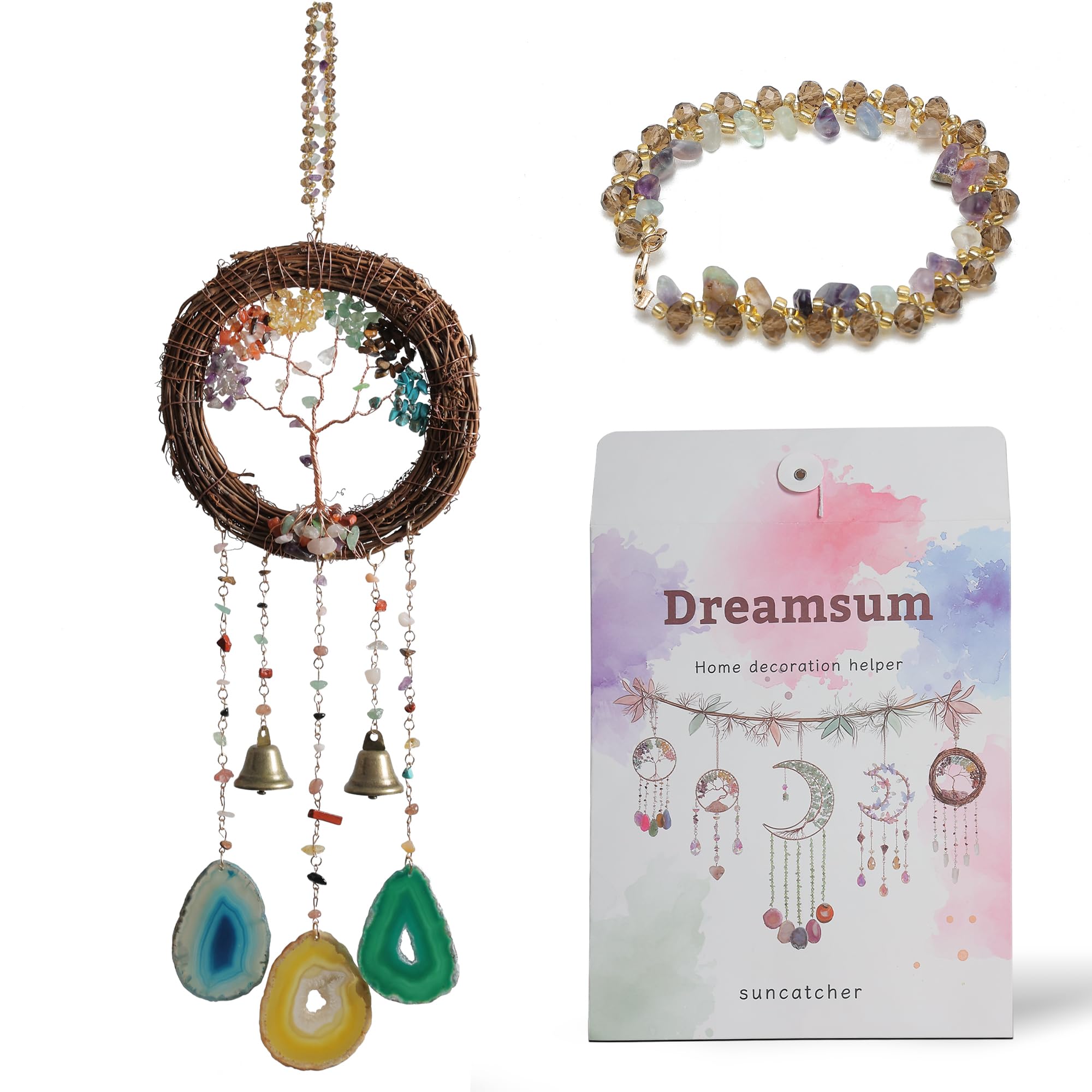 Handmade Natural Macramé Dream Catcher with Gemstones, Wind Chimes & 6-Color Life Tree–Boho Wall Hanging Decor for Home, Bedroom, Garden–Unique Gift for Housewarming, Birthday, Christmas