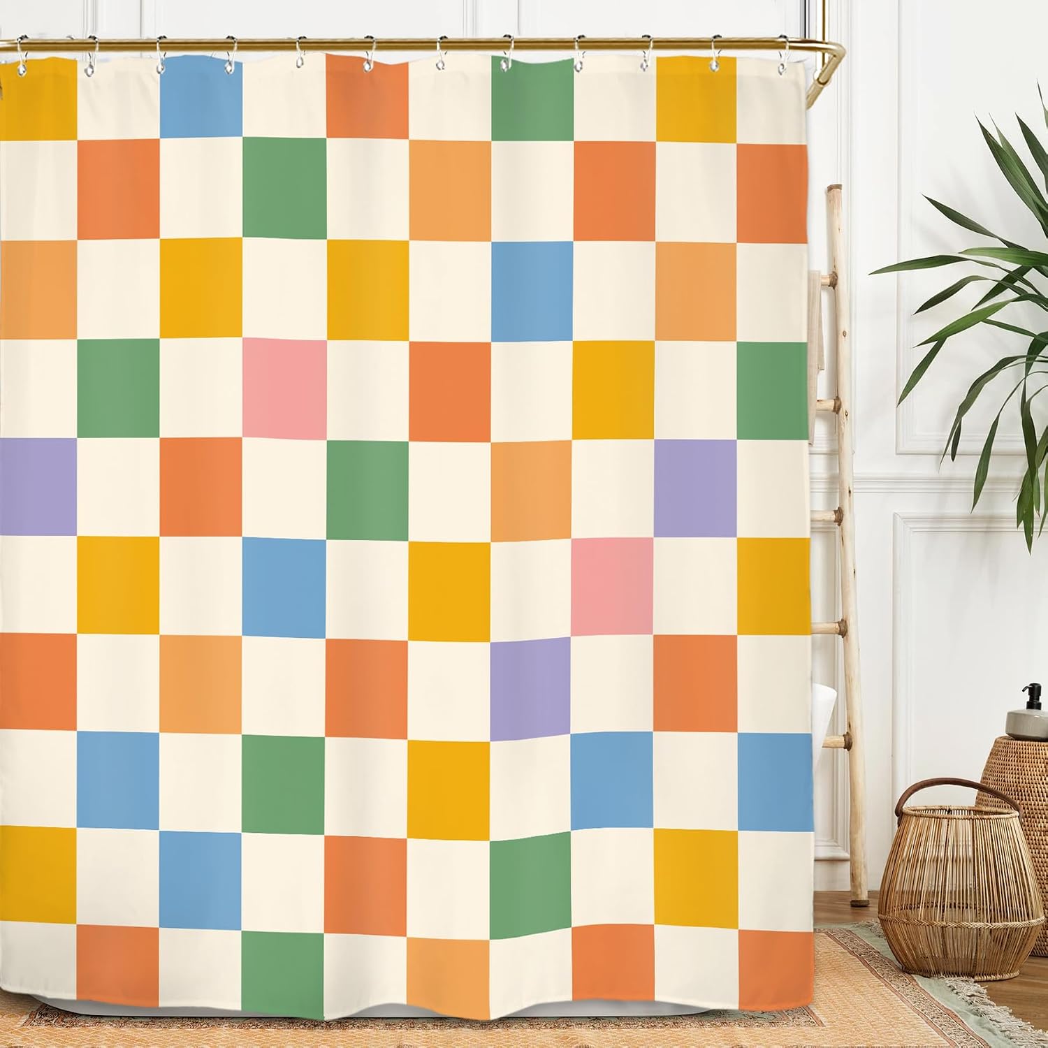 Miyotaa Groovy Retro 70s Plaid Shower Curtain Set 60Wx71H Inches Cute Checkered Vintage 60s Colorful Modern Aesthetic Funky Hippie Polyester Bathroom Curtain with 12 Hooks