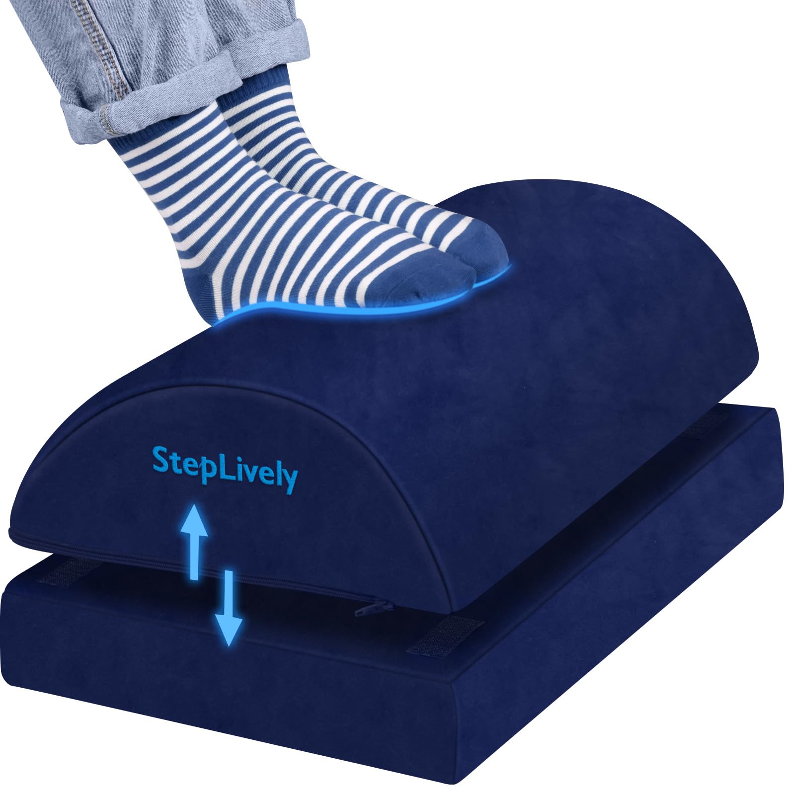StepLively Foot Rest for Under Desk at Work, Comfortable Foot Stool with 2 Adjustable Heights, Footrest with Washable Cover, for Back & Hip Pain Relief, Suitable for Office, Home and Car (Blue)