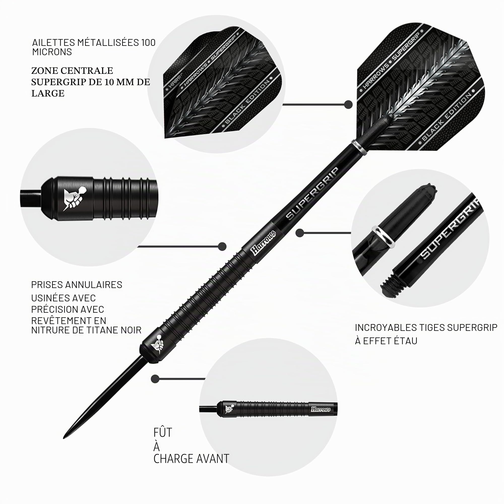 Harrows Supergrip Black 90% - Fléchettes Pointe Acier 22g