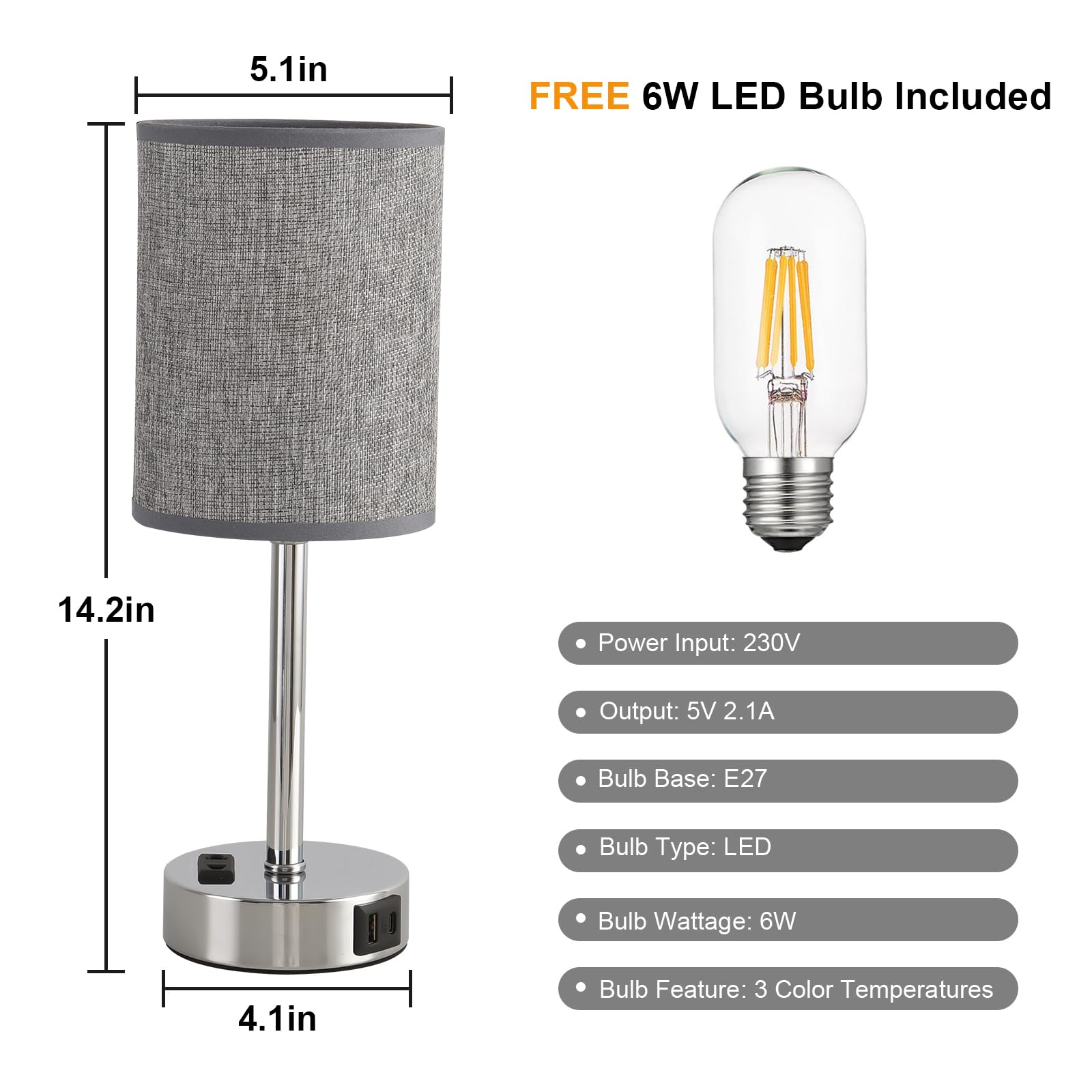LED Nachttischlampe Touch Dimmbar 2er Set, Tischlampe mit Ladefunktion USB A+C-Anschlüssen, Kleine Lampe für Nachttisch Schlafzimmer Wohnzimmer Babyzimmer Büro (Grau-2 Stück)