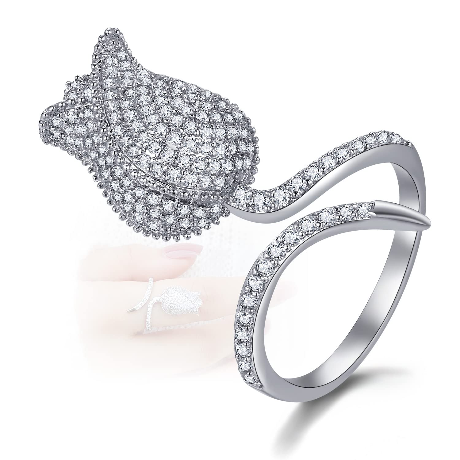 VIENNOISCubic Zirconia Rose Flowers Adjustable Open Rings for Women,Wedding Proposal Ring Jewelry