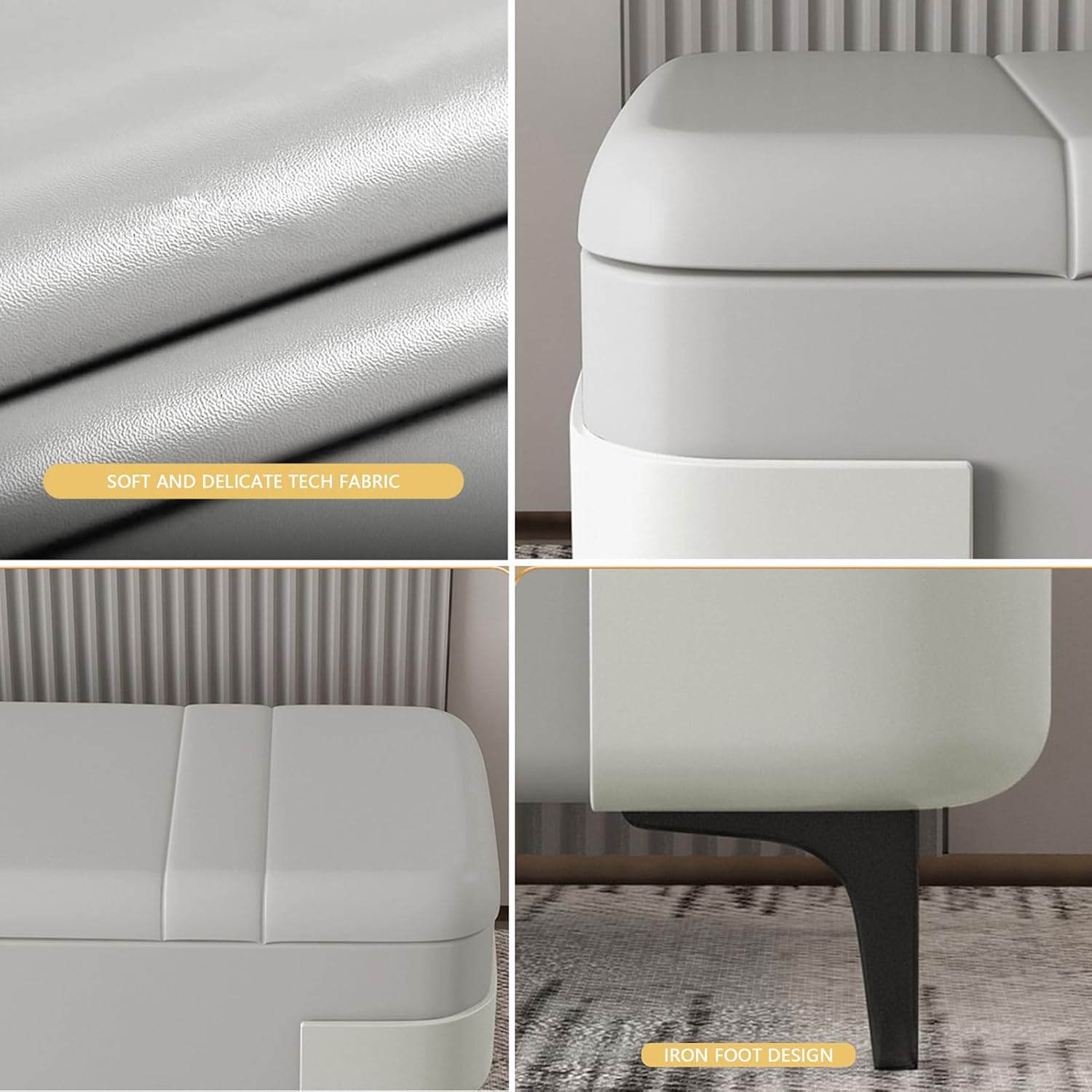Close-up of the bench's technical fabric and iron feet