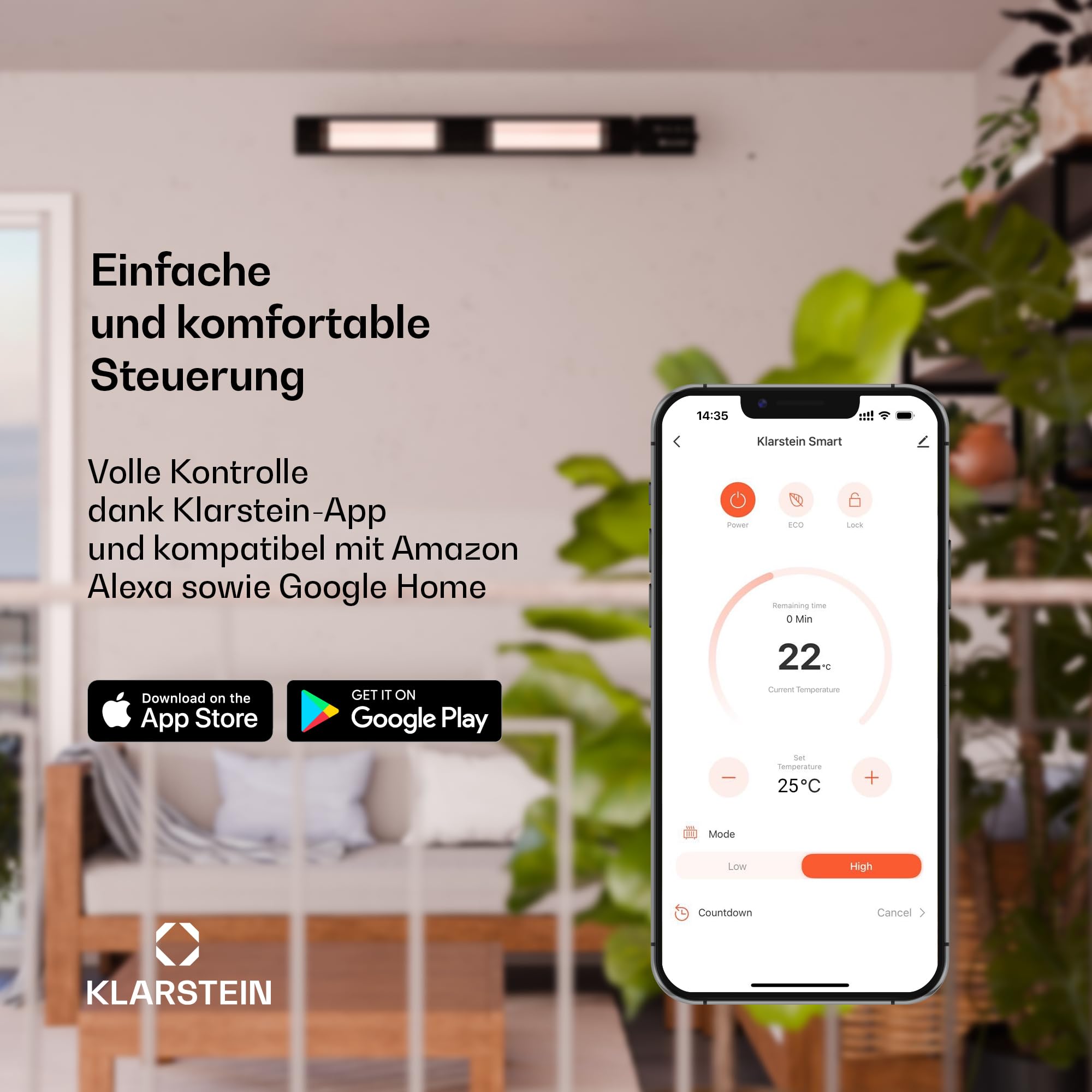 Klarstein Heizstrahler, Elektrische Heizung Terrasse & Garten, Infrarotstrahler mit WiFi App-Steuerung, Timer, LED-Anzeige, IP44 Infrarot Heizstrahler, CO2-Freie, Energieeffiziente Heizung, 2400W