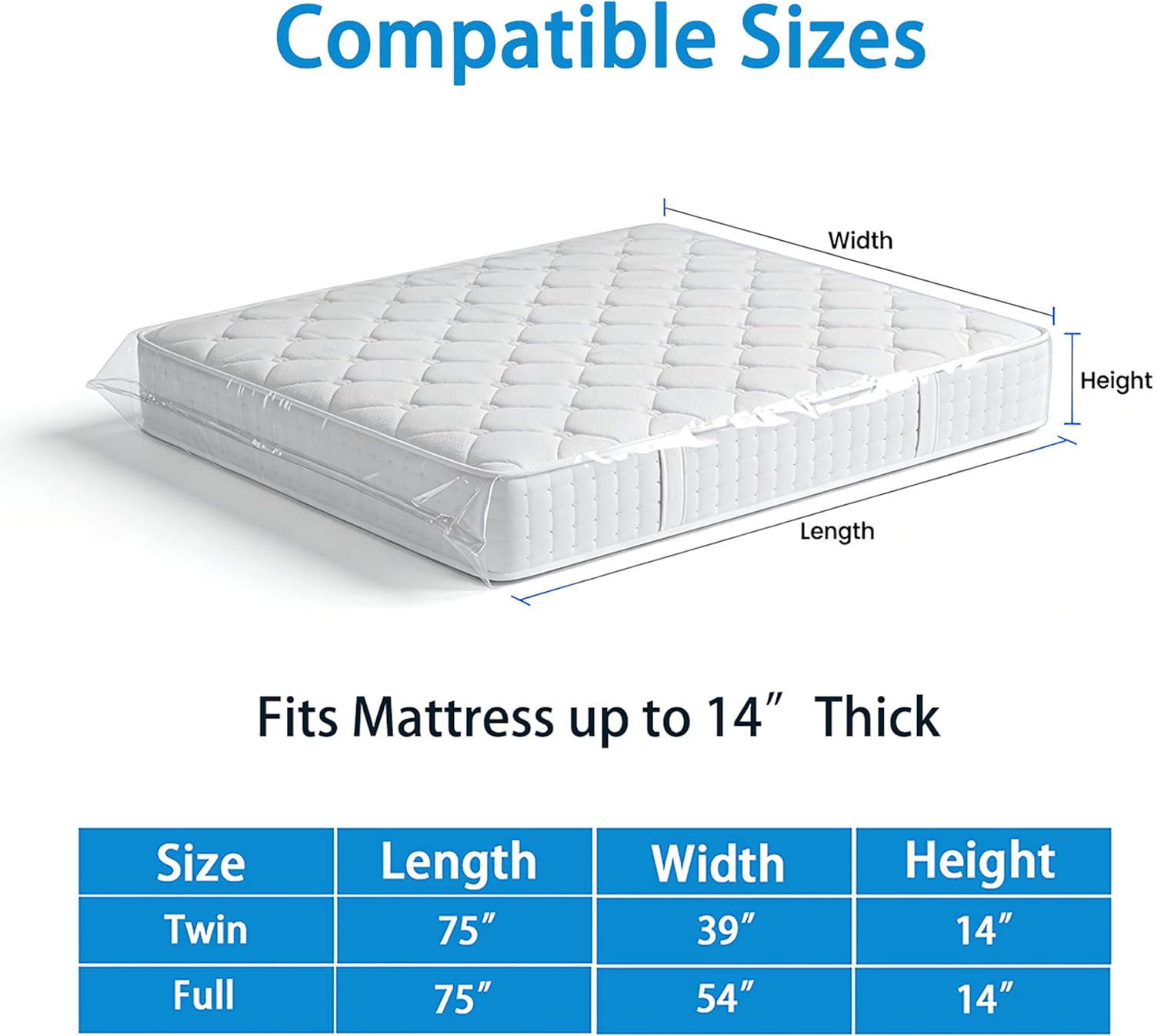 Mattress Bag for Moving Storage and Disposal,Twin and Full Size | 1 Pack,2.0 Mil,Waterproof,Tear-Resistant,Plastic Mattress Bags,Mattress Cover Moving Supplies-54" x 14"x 91"