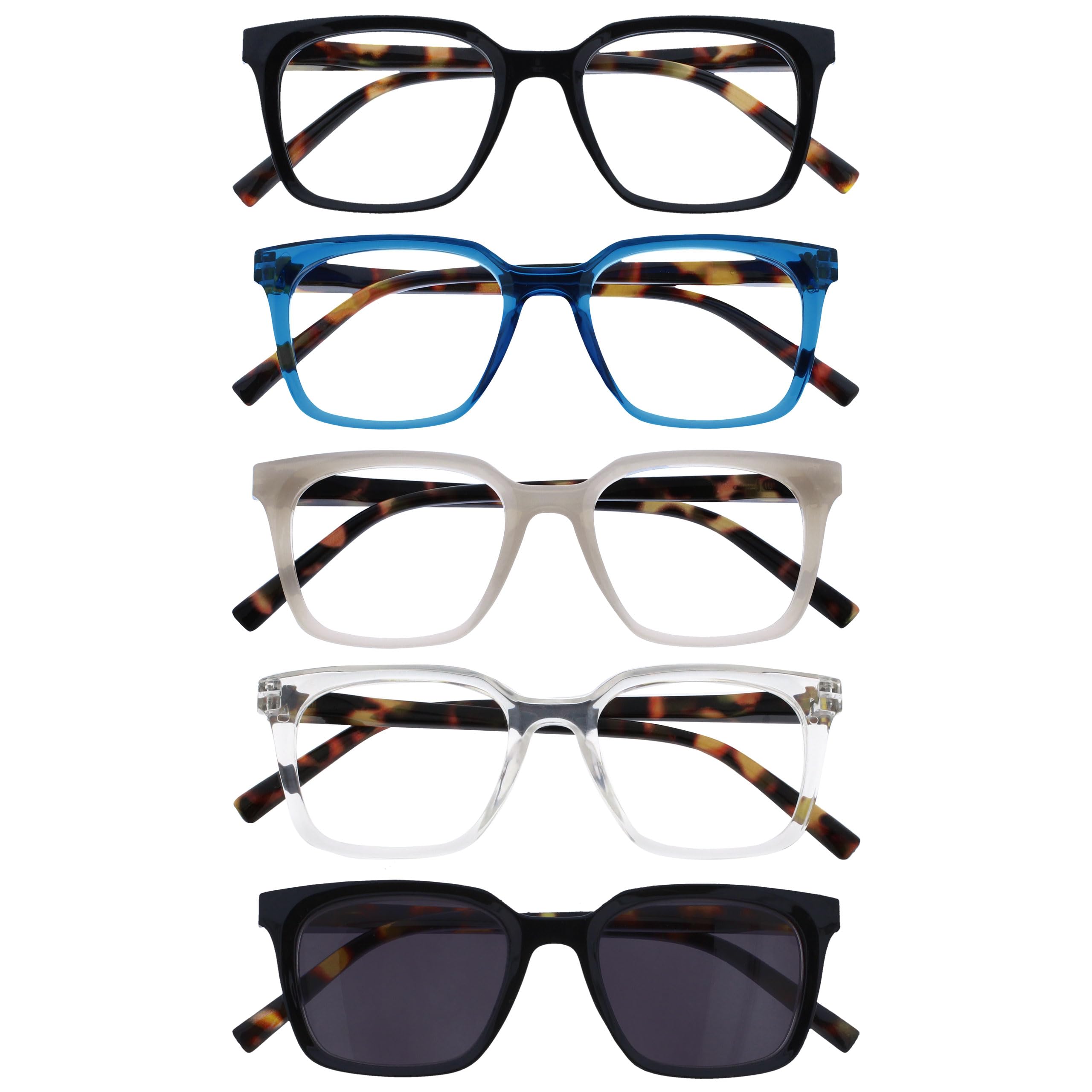 OPULIZE KOI Reading Glasses With Reading Sunglasses 5 Pack, Rectangular Frame, Black-Blue-Grey-Clear-Black, Mens Womens