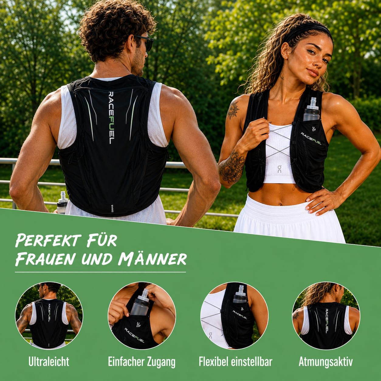 RaceFuel Ultraleicht Trinkrucksack, Trail Rucksack, Trinkweste, Hydration Pack Fahrradrucksack für Laufen, Wandern, Marathoner für 1,5L Trinkblase oder 500ML Wasserflasche/Softflask