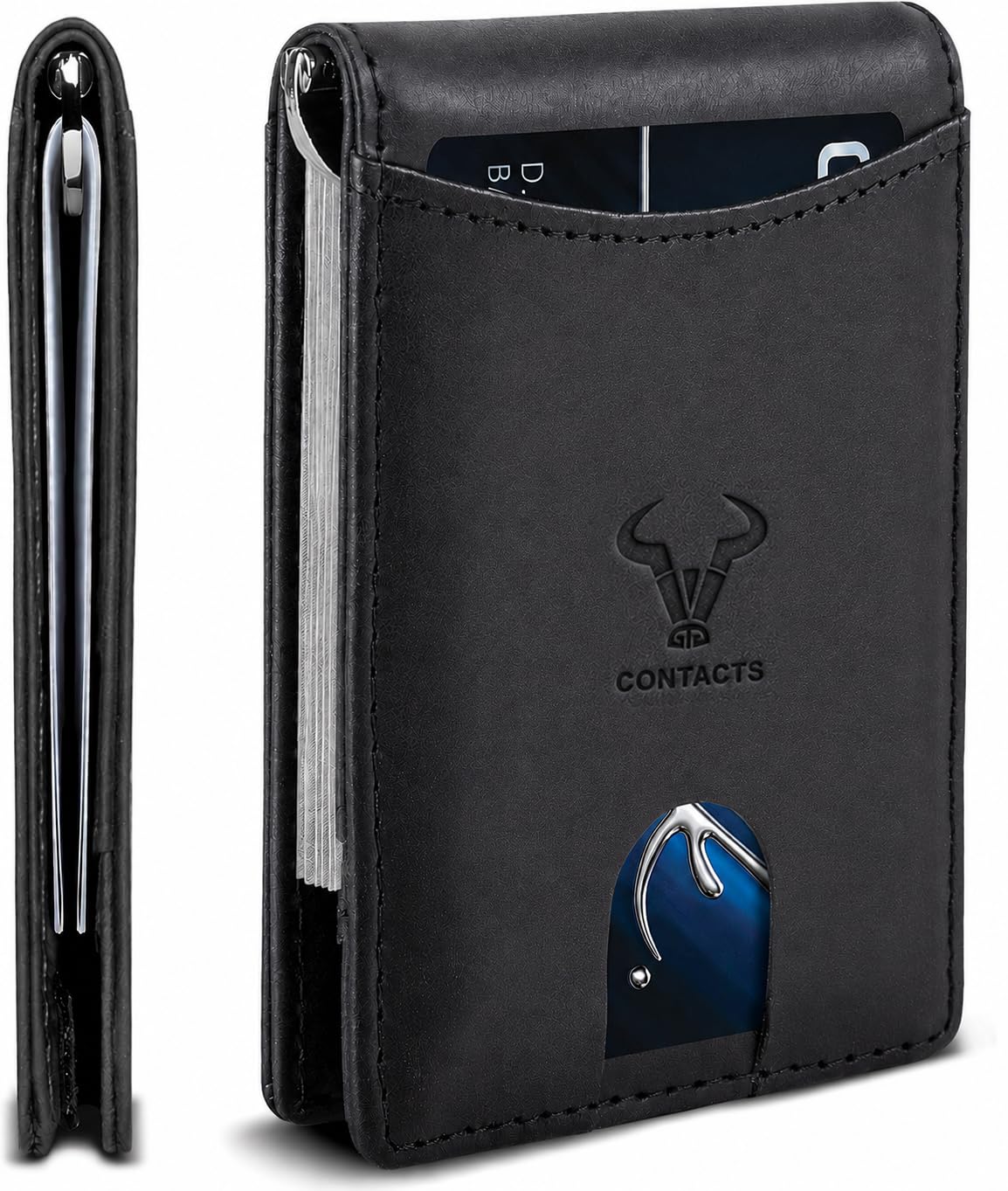 Genuine Leather Money Clip Wallet Slim Front Pocket RFID Blocking Card Holder Minimalist Mini Bifold for Men's with Smart Pull Strap, 8 Card Slots, 1 Photo ID (Black)…-image-26