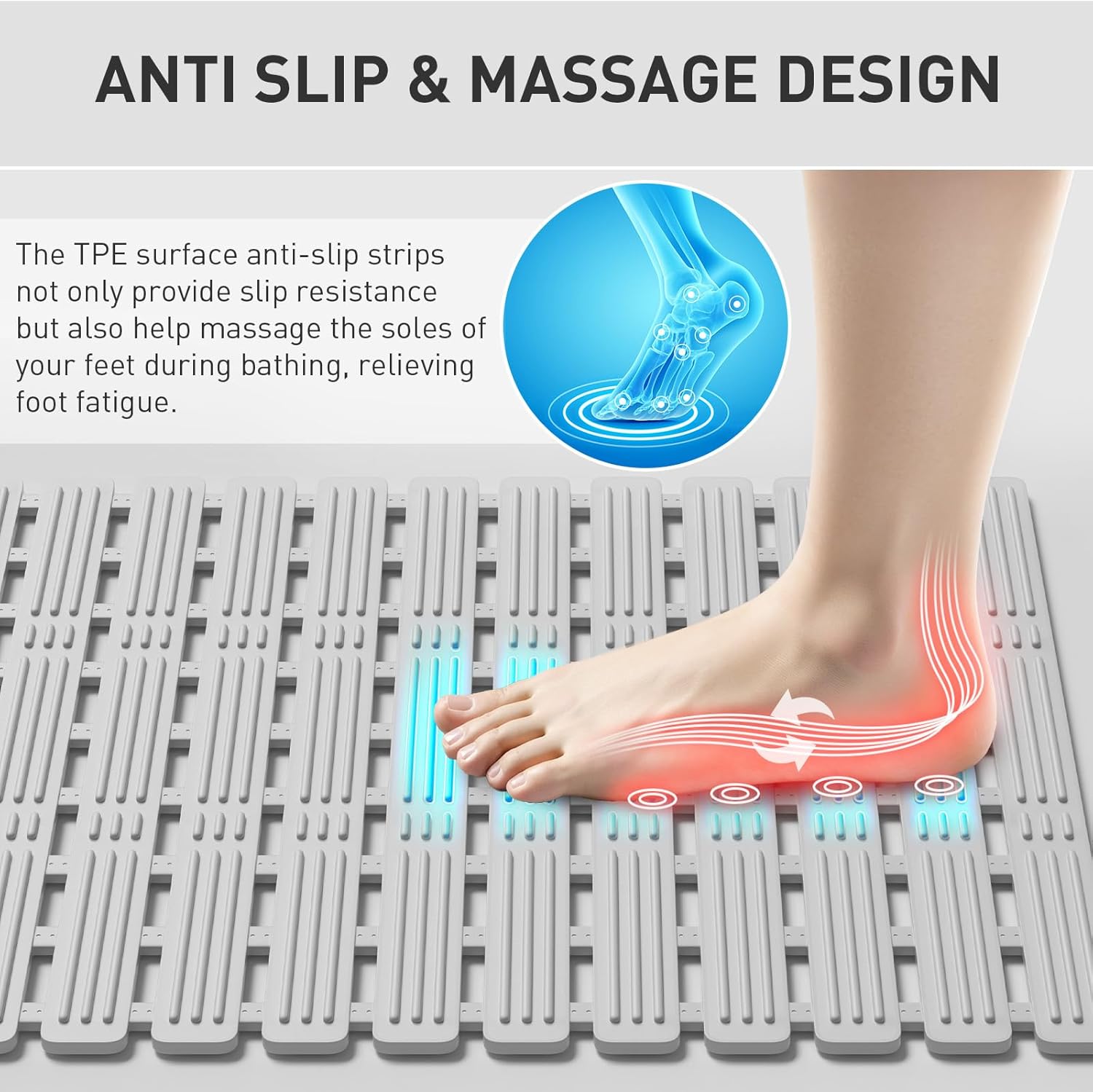 XIYUNTE Shower Mat Non Slip Bath Mat for Tub - 27 X 16 Inch TPE Bathtub Mat Non Slip Shower Mats for Inside Shower, Bath Tub Mat with Powerful Suction Cup, Easy to Cut and Dry, Light Grey