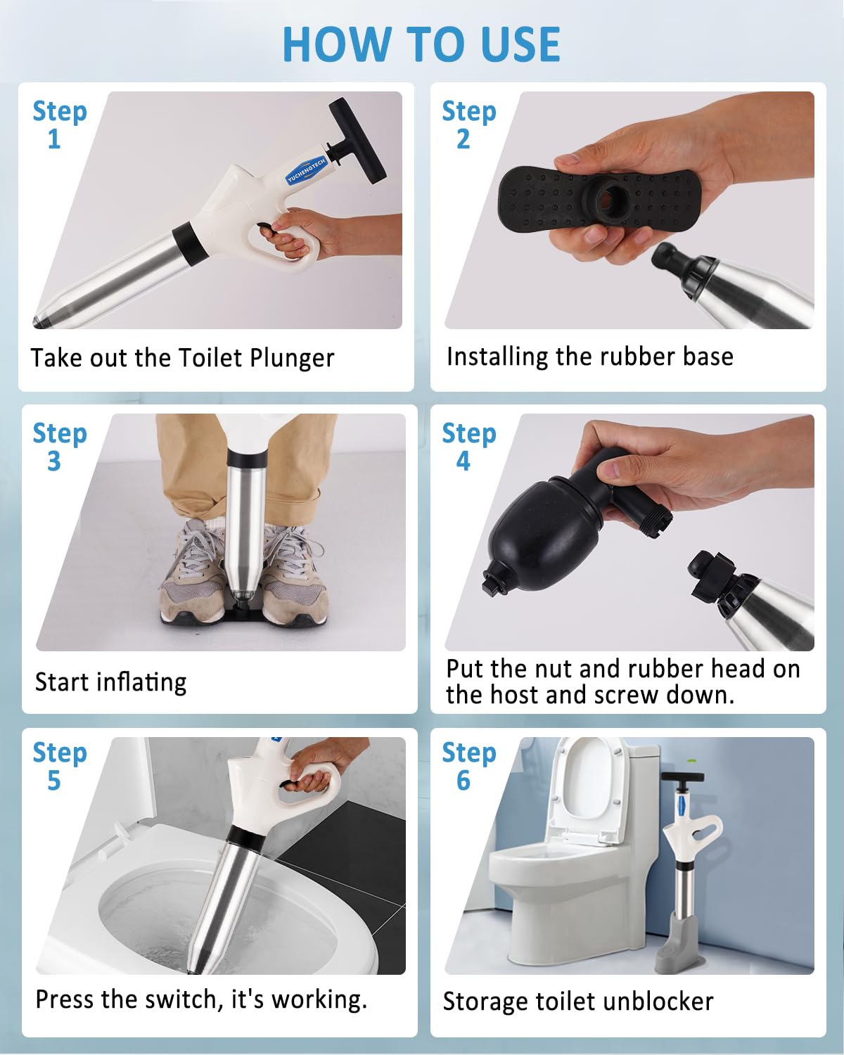 YUCHENGTECH Déboucheur WC Puissant Deboucheur Toilette Haute Pression Pompe Deboucheur Canalisation avec un Support et 4 Têtes Remplaçables pour Déboucher les Toilettes/Lavabo/Baignoire/Drain de Sol