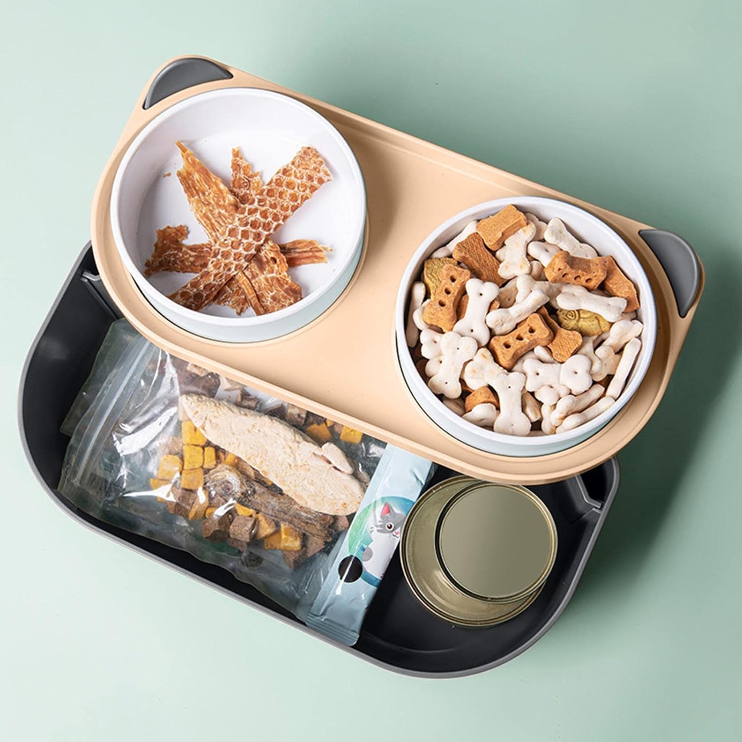 Double Cat Bowls No Raised Feeder with Large Storage Stand Drinker for cats and dogs, Green