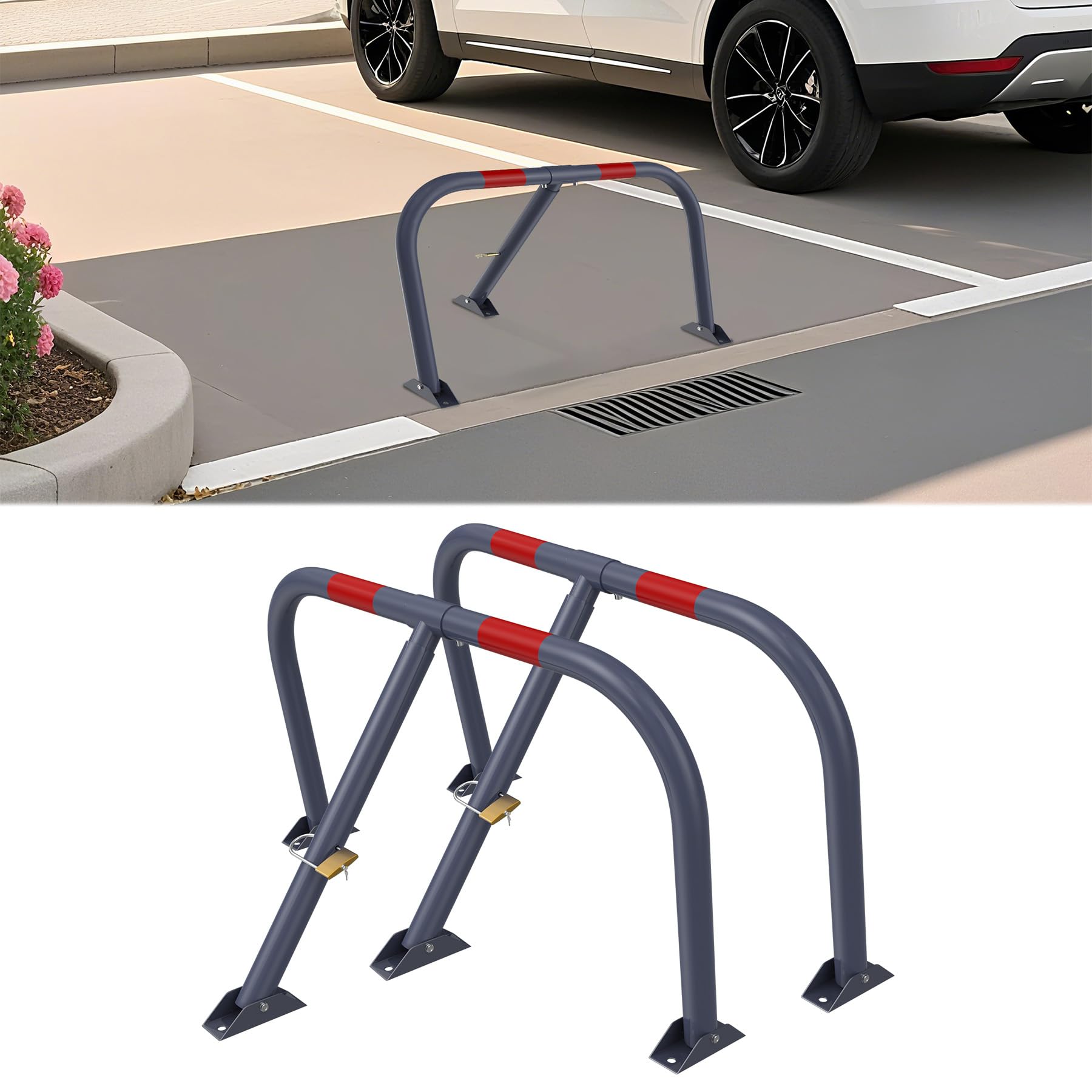 LZQ Lot de 2 barrières de parking pliables avec kit de montage, serrure et 3 clés, barrières de parking avec tube en acier de 35 mm de diamètre et douille Ø 40 mm, galvanisé à froid, plaque de sol de