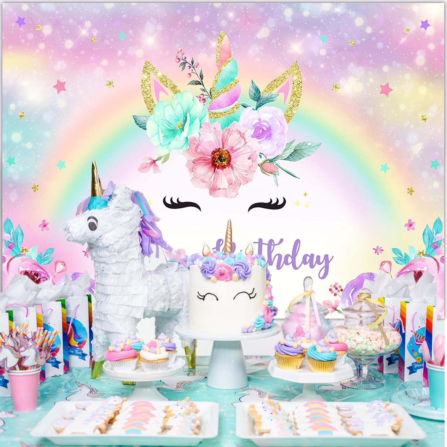 Avezano Unicorn Birthday Backdrop Gold Glitter Rainbow Unicorn Backdrop for Girls Birthday Party Decorations 7x5ft