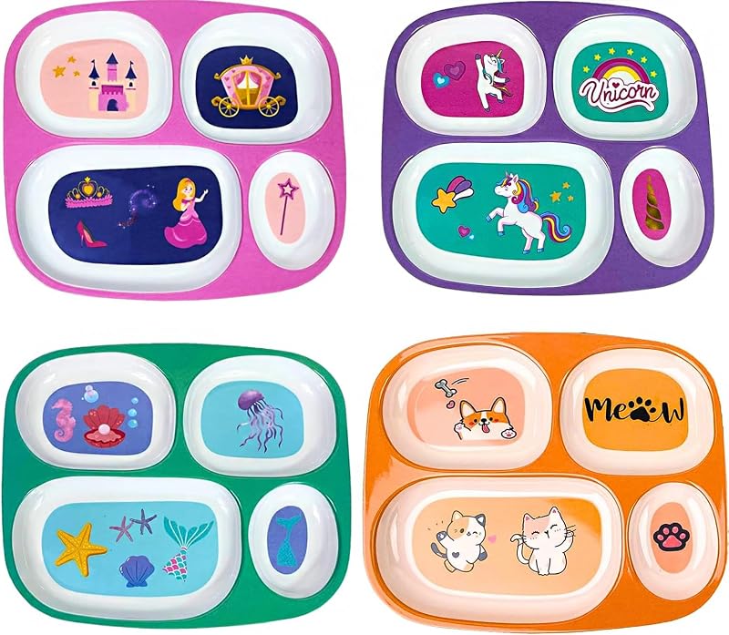 4 platos llanos de melamina para niñas, platos divididos de plástico para la hora de comer, juego de vajilla para niños pequeños, comedores quisquillosos, sin BPA, princesa, unicornio, vida marina, gato