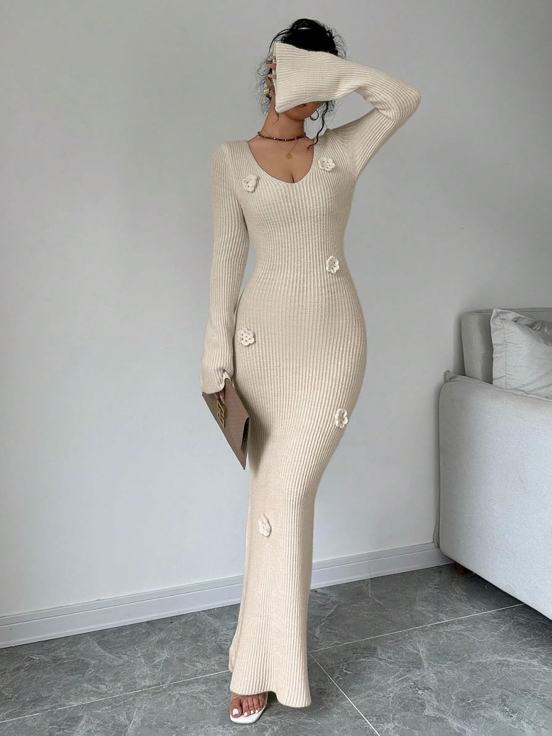 SISKIN Maxi Slimming Fitted Sweater Dress Long Sleeve Ribbed Bodycon Knit Winter Baby Shower Dress