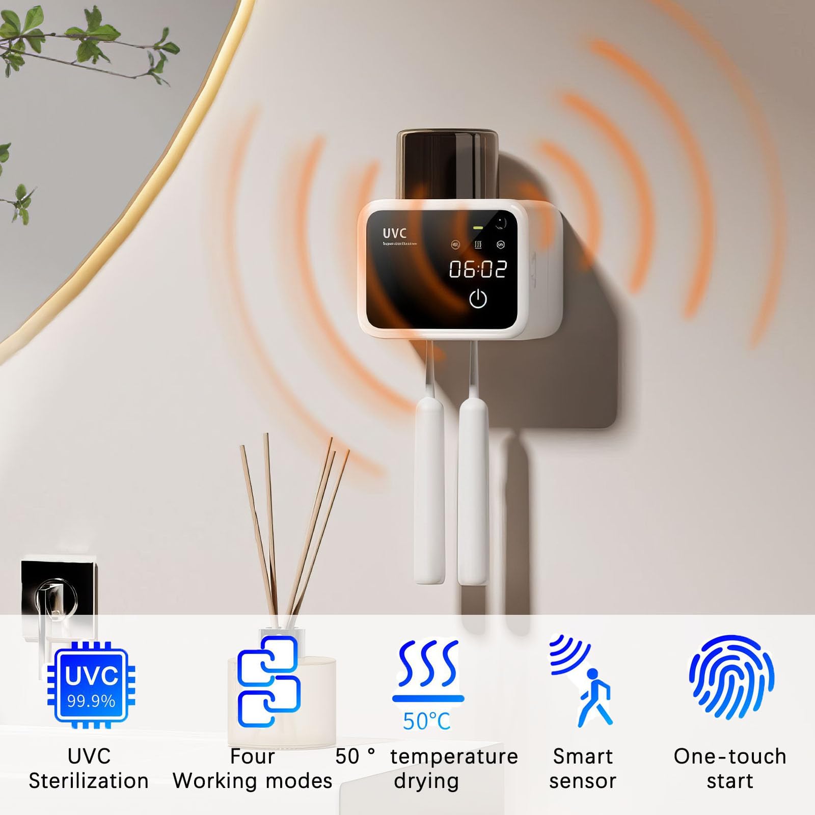 Soporte para cepillos de dientes para baños, soportes para cepillos de dientes eléctricos con secado y limpieza inteligentes, soporte para cepillo de dientes montado en la pared con carga solar,