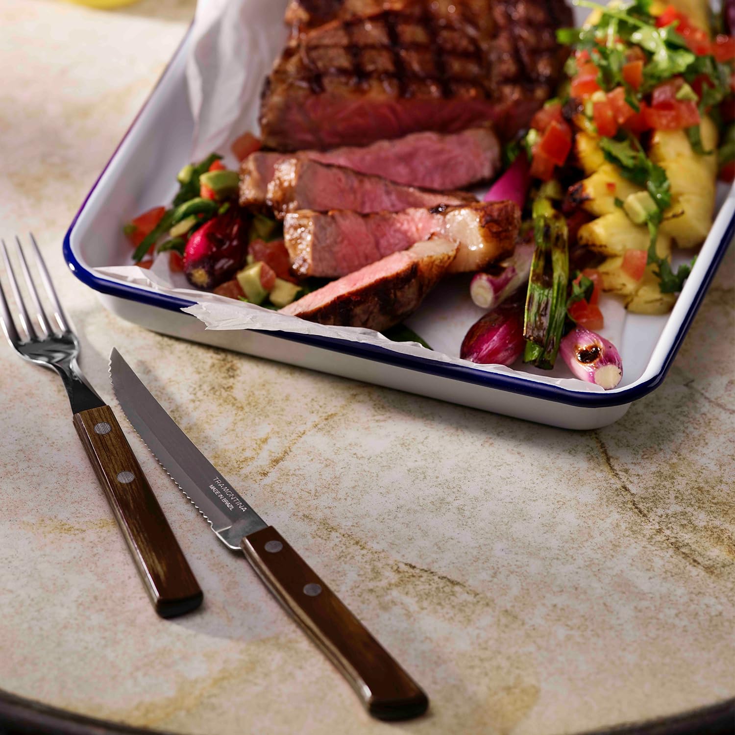 Tramontina Steakbesteck Pizzabesteck, 12-teiliges Set, für 6 Personen, Steakbesteckset, rostfreier Edelstahl, FSC zertifizierter Echtholzgriff, spülmaschinenfest