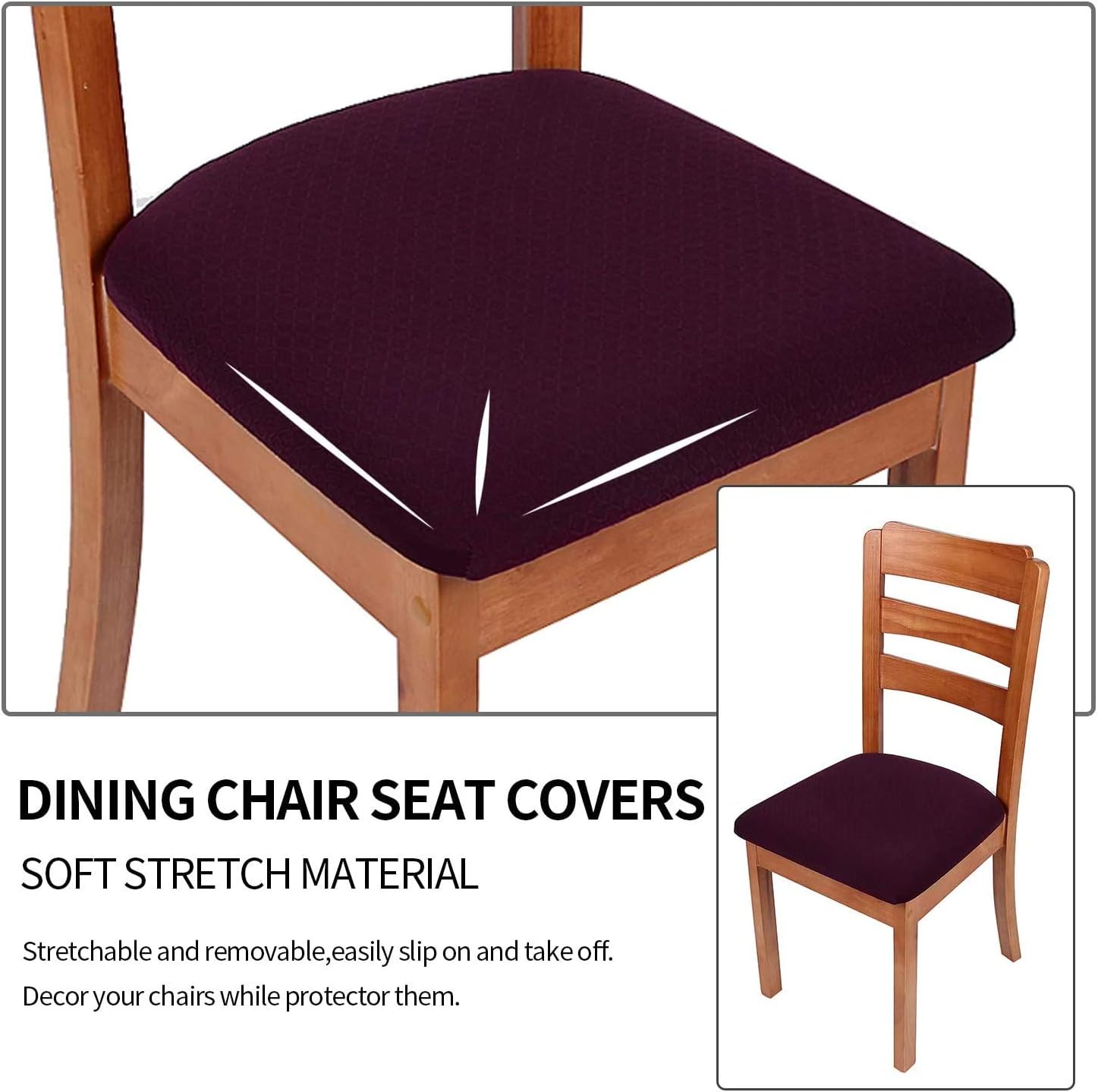 smiry Stretch Chair Seat Covers for Dining Room Aubergine Set of 1 Jacquard Dining Chair Seat Protectors Chair Slipcovers - Image 4