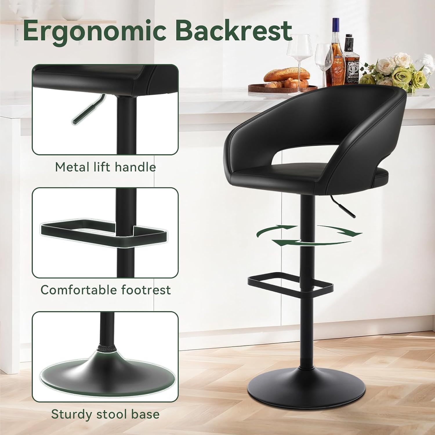 Vogue Furniture Direct Adjustable Bar Stool with Hollow Back and Arms, Modern PU Leather Swivel Barstool, Airlift Counter Height Bar Chair for Kitchen Dining Room (Black, Balck Base)