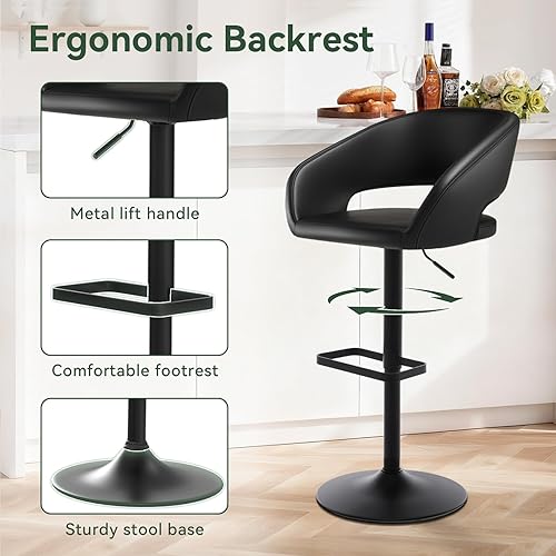 Miniatura 6 de Vogue Furniture Direct Taburete de bar ajustable con respaldo y brazos huecos, moderno taburete giratorio de piel sintética, silla de barra de