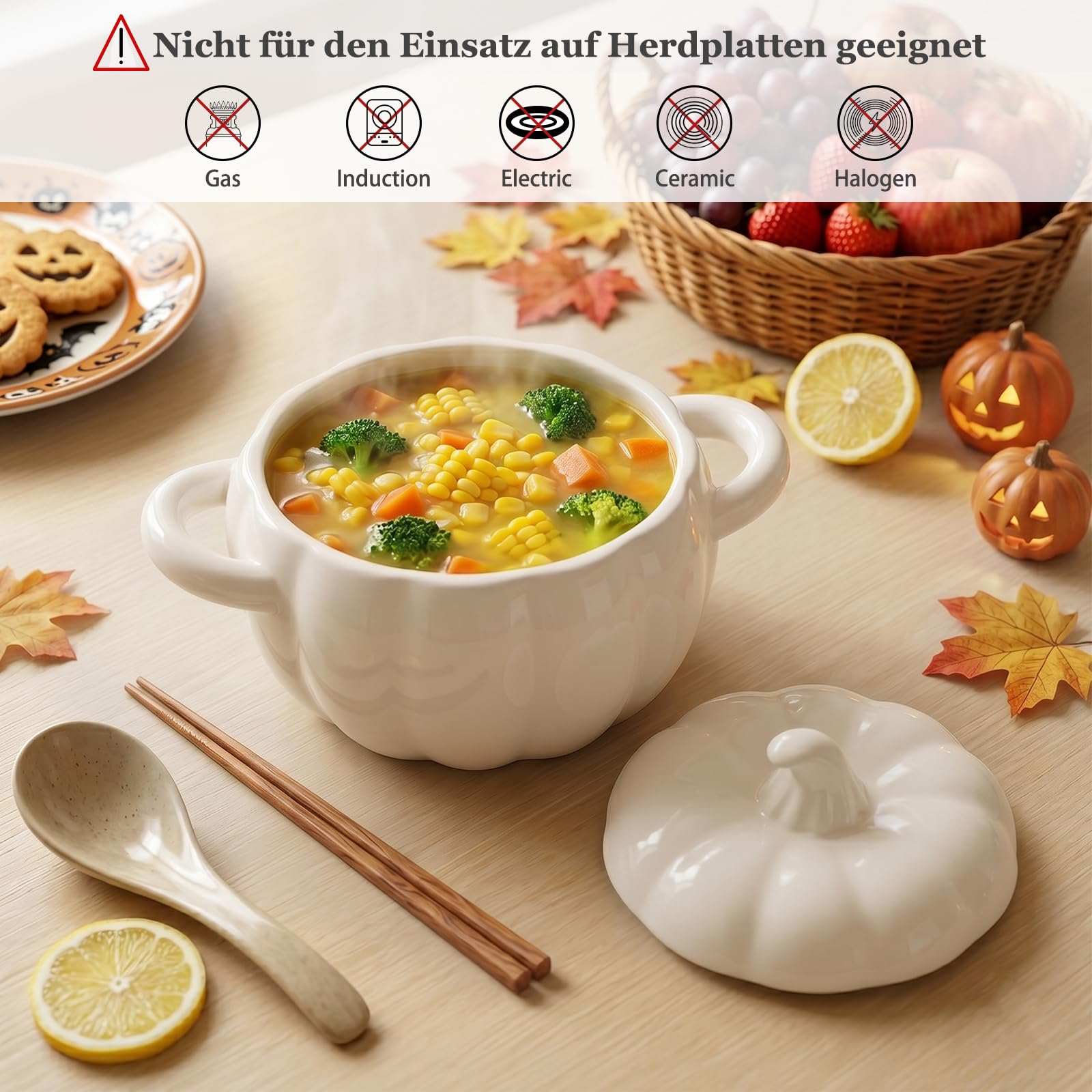 Justup Bol à soupe avec anse - 1,9 l - En céramique - Pot à soupe en forme de citrouille - Avec couvercle - Décoration d'Halloween - Batterie de cuisine pour la maison (blanc)