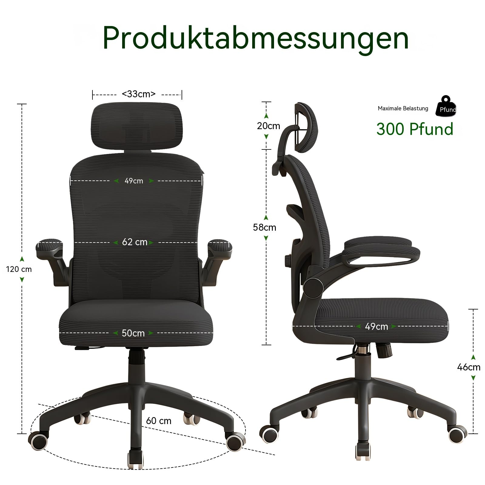 Ergonomischer Bürostuhl, Höhenverstellbarer Schreibtischstuhl – Drehstuhl mit Klappbaren Armlehnen, Atmungsaktivem Mesh, Verstellbarer Kopfstütze und Lendenwirbelstütze – für das Homeoffice, Schwarz