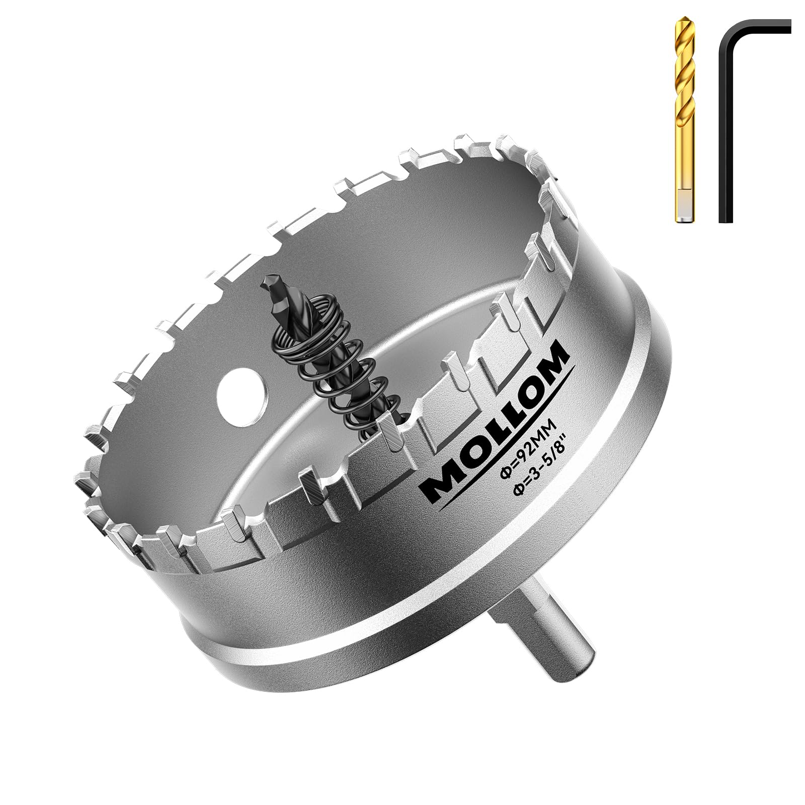 Mollom (3-5/8"|92mm) Heavy Duty Carbide Hole Saw with 2 Pilot Drill Bits, Hole Cutter cuts Stainless Steel, mild Steel, Iron, Copper, Brass, Plastic