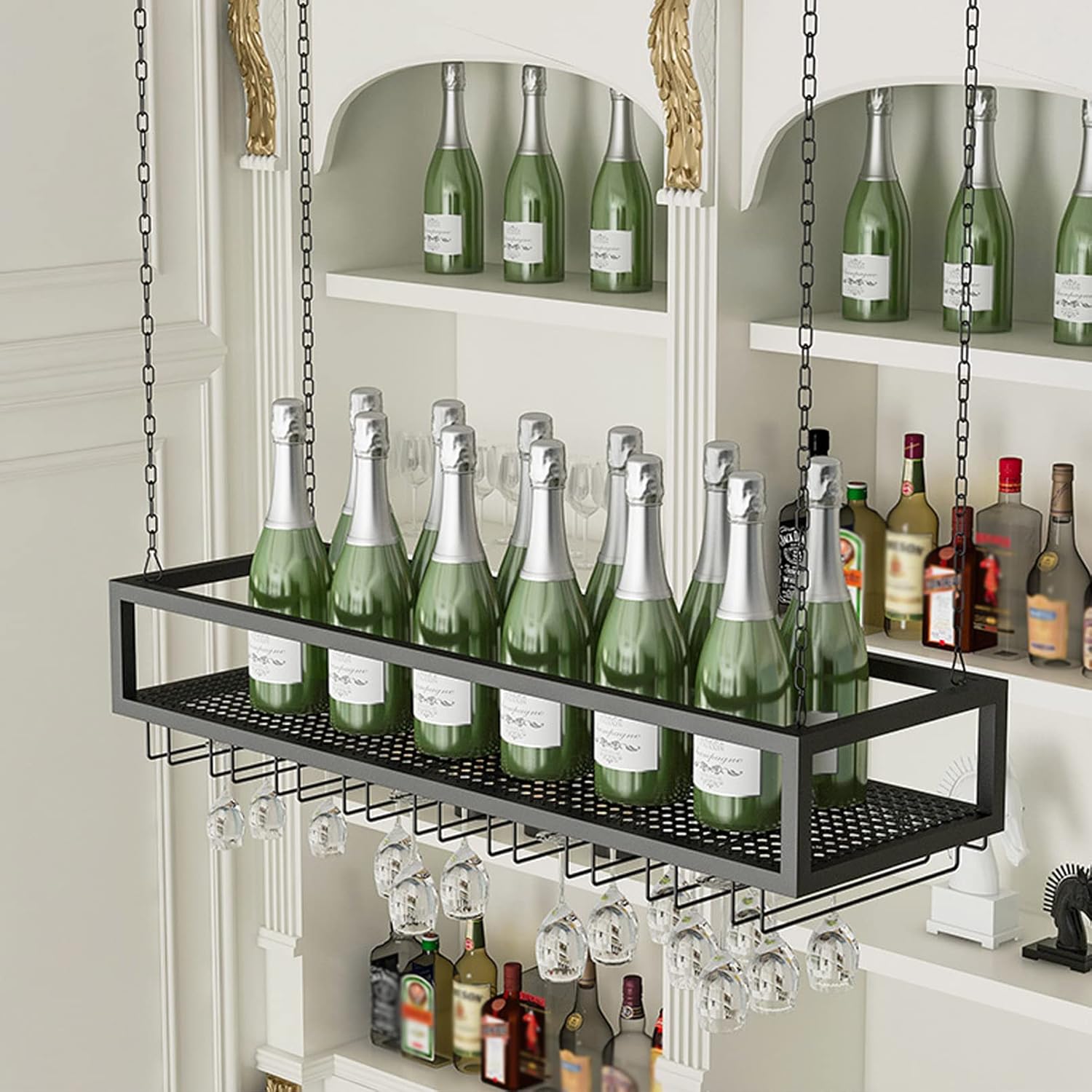 Hanging Wine Rack with Glass Holder Shelf - Ceiling Wine Glass Rack, Height Adjustable Industrial Hanging Wine Bottle Holder, Black/Gold Metal Ceiling Shelf for Bar Cafe Kitchen