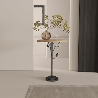 Small Round Drink Side Table, Metal Tree Branch & Bird Base + Natural Bark-Textured MDF Top, Fit for Living Room Sofa Side, Bedroom Bedside, Office Corners