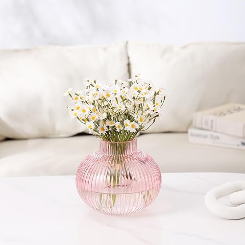 Miniatura 2 de Jarrón de cristal rosa para flores, florero de vidrio acanalado, jarrones redondos para tulipanes, jarrones cortos para sala de estar, oficina, mesa