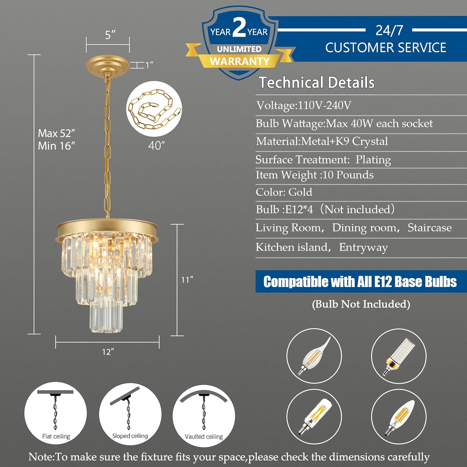 Weesalife Crystal Chandeliers for Dining Room Light Fixtures Over Table，4-Lights Modern Gold Crystal Pendant Lighting Fixture，3 Tiers Small Chandeliers for Kitchen Island Bedroom Entryway D12 Inch