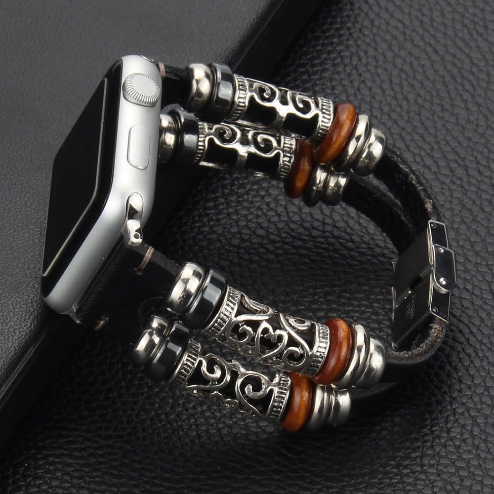 somoder Leather Bands Replacement for Apple Watch Band Series 4 40mm, Series 3/2/1 38mm, Handmade Vintage Fashion Alloy Leather Bracelet for Iwatch, Adjustable Size 5.5" - 8.5"
