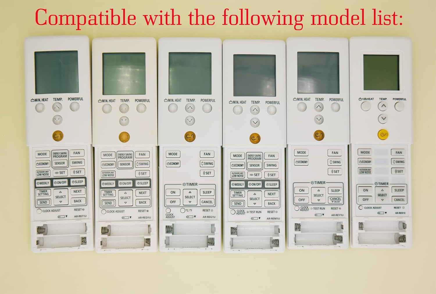 Row of six different Fujitsu remote controls, indicating broad compatibility