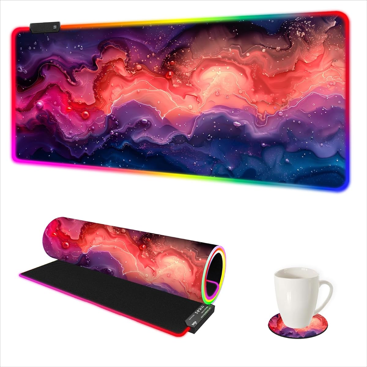 AIMSA Extra Large RGB Gaming Mouse Pad with 14 Light Modes, Extended LED Mouse Pad, Anti-Slip Rubber Base, Computer Keyboard Mousepad Mat, Abstract Purple Marble