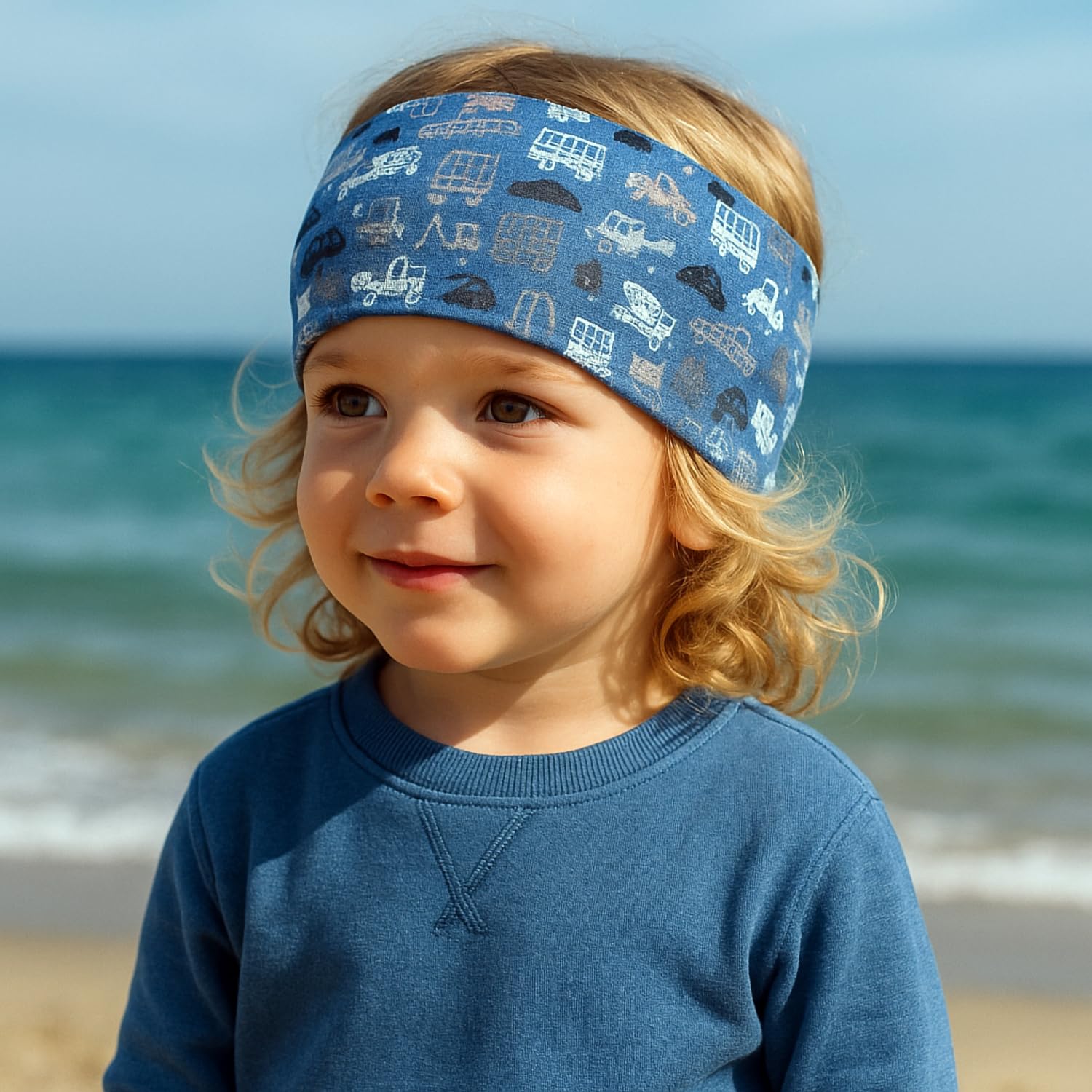 Wollhuhn ÖKO MINI Kinder Breites Elastisches Stirnband/Haarband Deutsche Herstellung Bequem Baumwolle (KU 48-52) (Baustelle Blau)