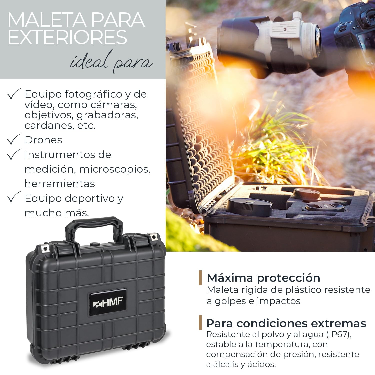 HMF Maletín Fotográfico Exterior, Estuche de Transporte con Espuma Troquelada | 34 x 29,5 x 15,5 cm