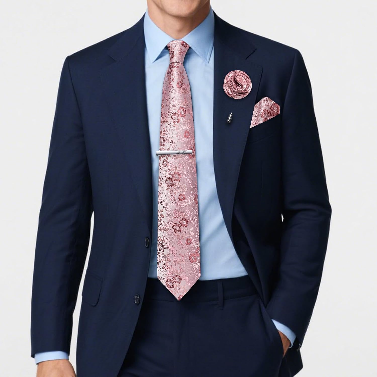 Mens Floral Ties Silk Woven Necktie and Pocket Square Tie Clip Lapel Pin Set Wedding Formal