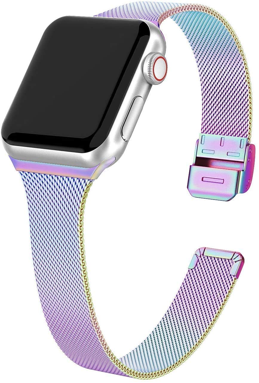 MaKTech Milanese Mesh Strap Stainless Steel Narrow Band with Push Button Compatible with iWatch Series 6/SE/5/4/3