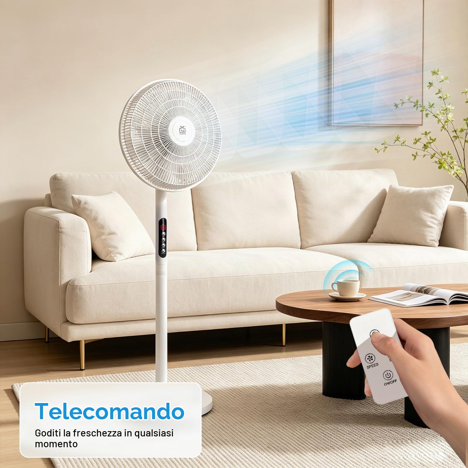 EXTRASTAR Ventilatore a piedi Altezza regolabile 116cm, 6 velocità, Oscillazione 70°, Telecomando, Minutario 9h, Flusso d'aria Grande angolo, Silenzioso, Uso Domicile Ufficio Camera