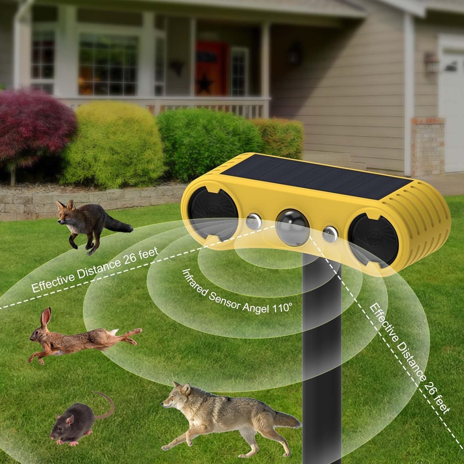 Alarma solar con sensor de movimiento – 13 sonidos, alarma de doble altavoz de 129 dB + LED rojo y azul parpadeante advertencia para patio, granja, jardín, huerto, granero (paquete de 2)