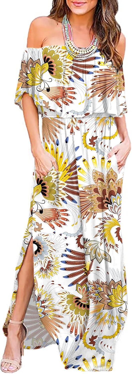 LILBETTER Womens Off The Shoulder Ruffle Party Dresses Side Split Beach Maxi Dress