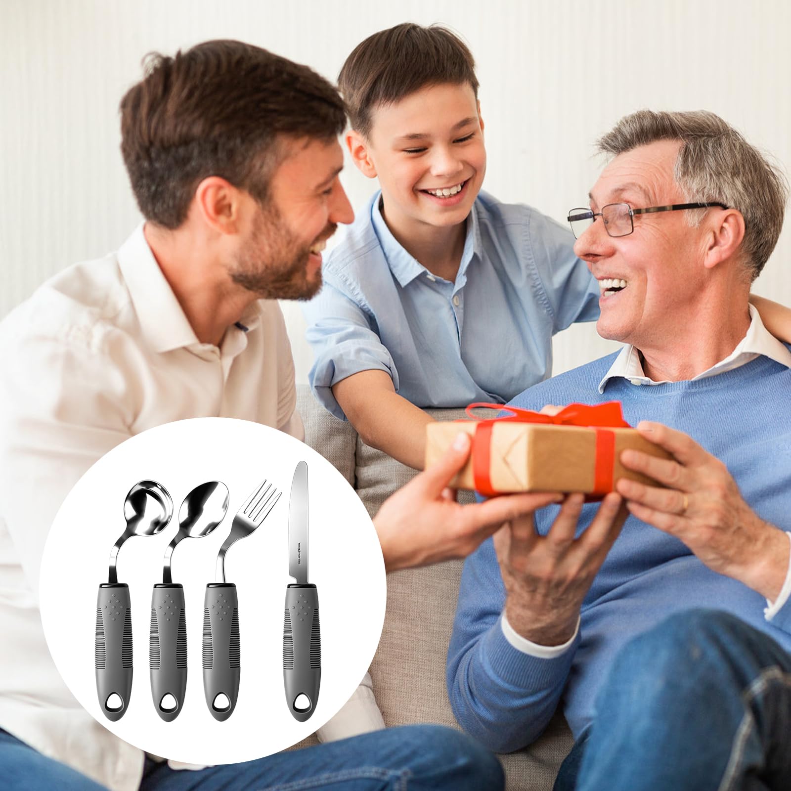 Zestaw sztućców Parkinson ze stali nierdzewnej z torbą do przechowywania, pogrubiony uchwyt, sztućce dla seniorów, zestaw sztućców dla seniorów, kąt 42°, adaptacyjny zestaw sztućców, pomoc w jedzeniu