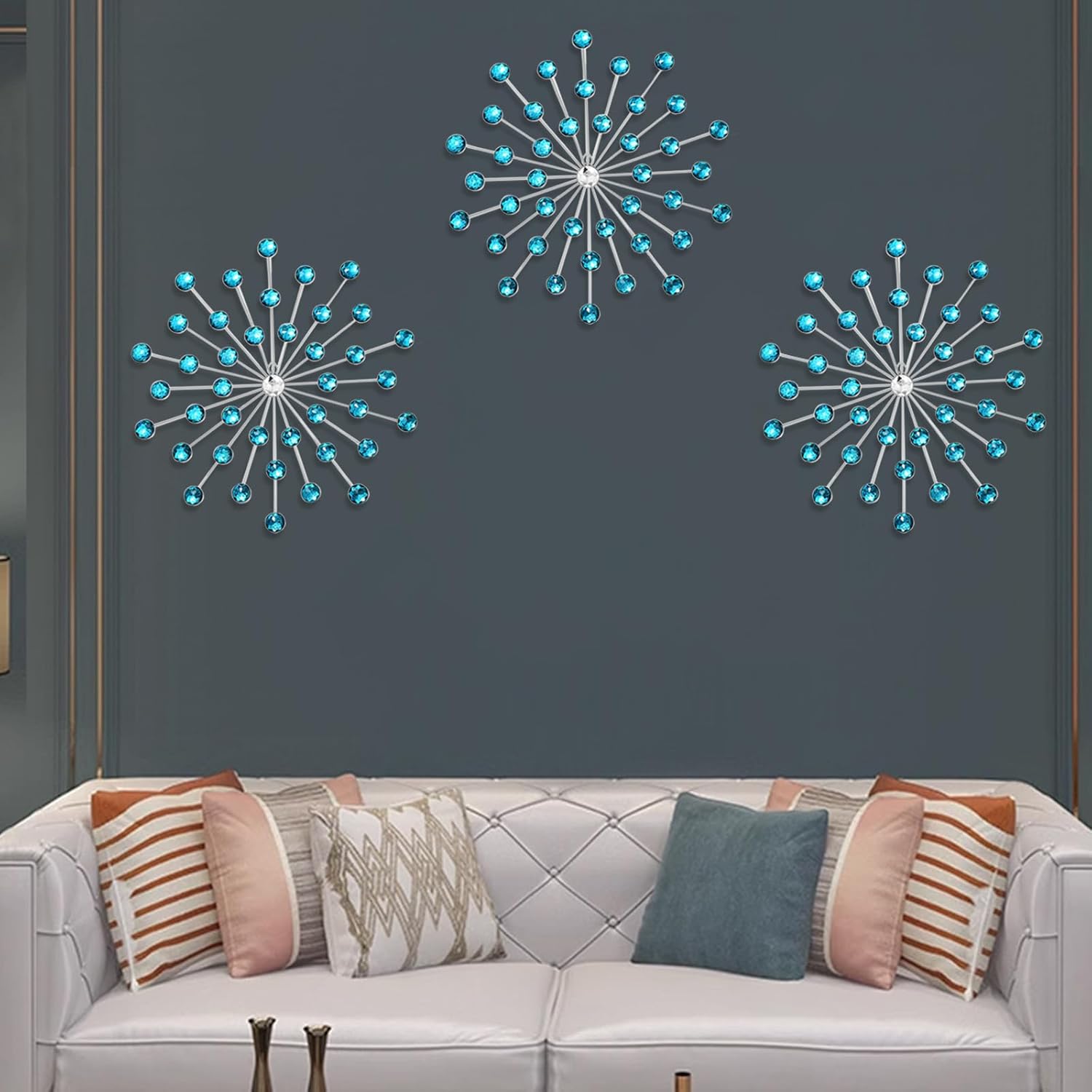 DXYAKY Set of 3 Blue Metal Starburst Wall Art Decor, Rhinestone Crystal Home Decor Accents, 9.8 Inch Decorative Wall Hanging Diamond, Jeweled Sparkle Wall Sculptures for Living Room Bedroom