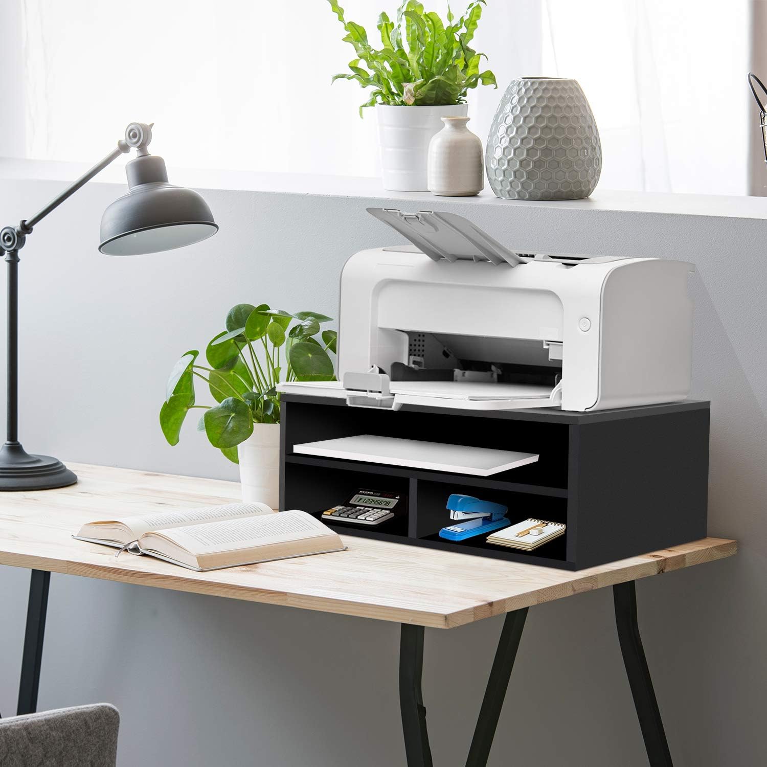 Printer Stand with Storage,Two-Tier Printer/Fax Stands Workspace Organizers, Monitor Laptop Computer Wooden Printer Stand, Bookshelf Desk Rack File Storage Rack,Wood Desk Organizer for Home & Office