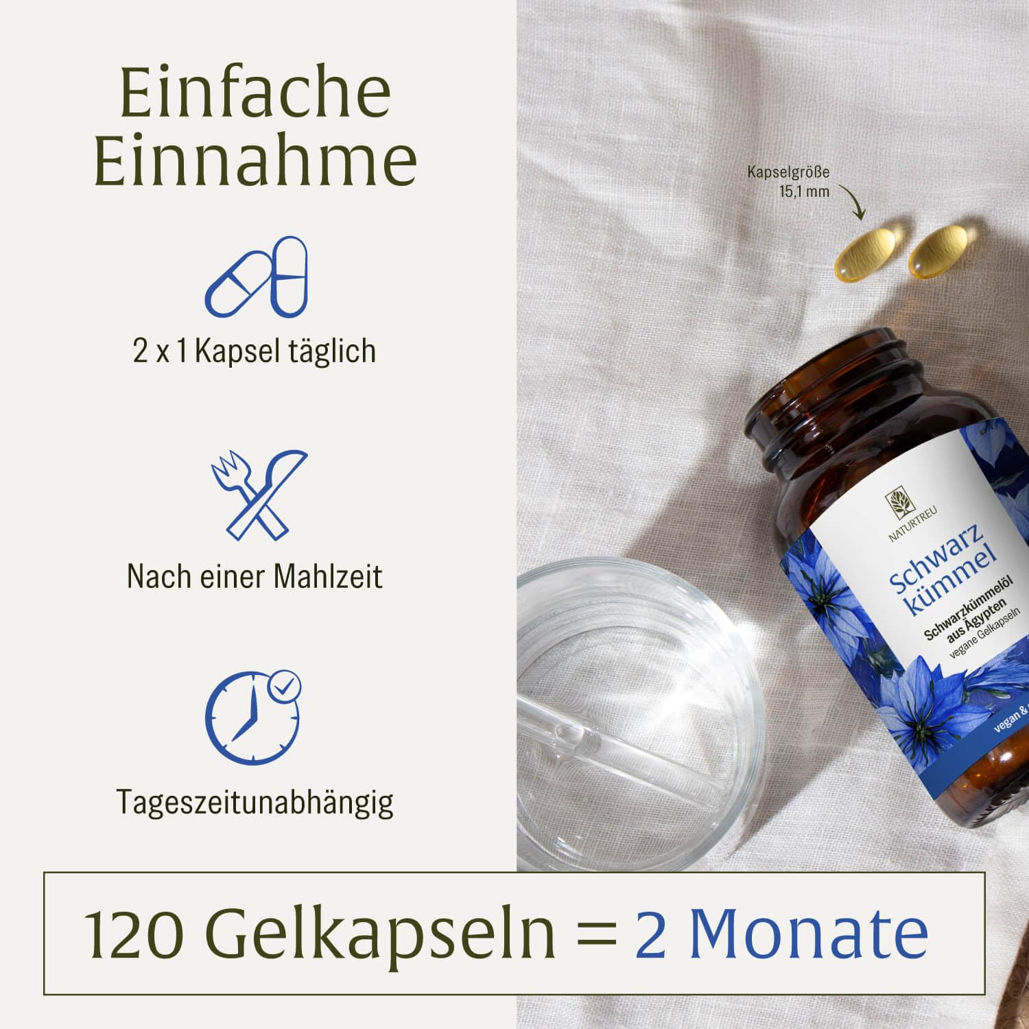 NATURTREU® Schwarzkümmelöl Kapseln hochdosiert mit Vitamin E - 1000mg pro Tag - Schwarzkümmel Öl kaltgepresst aus Ägypten - 120 vegane Gelkapseln Schwarzkümmelöl (Black Seed Oil)